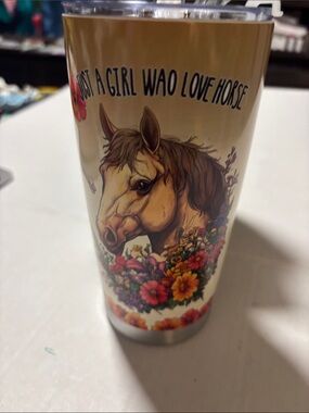 Horse Floral Travel  20 oz Stainless Tumbler - Beige with Colorful Flowers